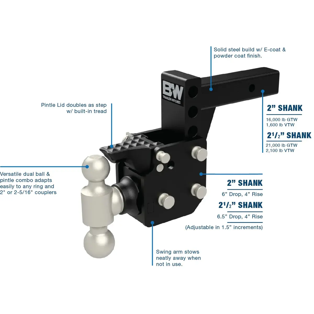 B&W Dual Ball Pintle Tow & Stow Hitch 2" Shank 2