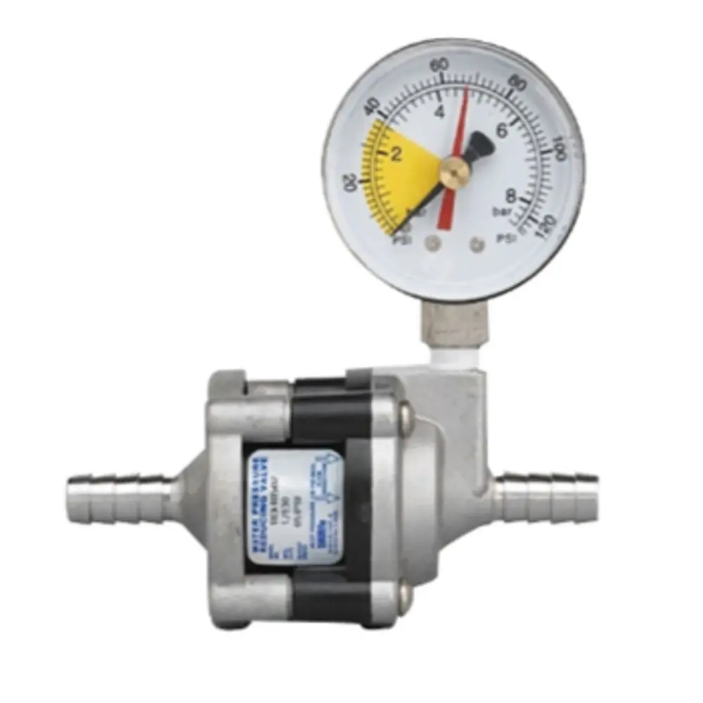 Shurflo 183-165-02 Water Pressure Reducer Valve - 65 Psi - Inlet/Outlet 3/8" Barb - Ss Fittings & Body W/Pg 1
