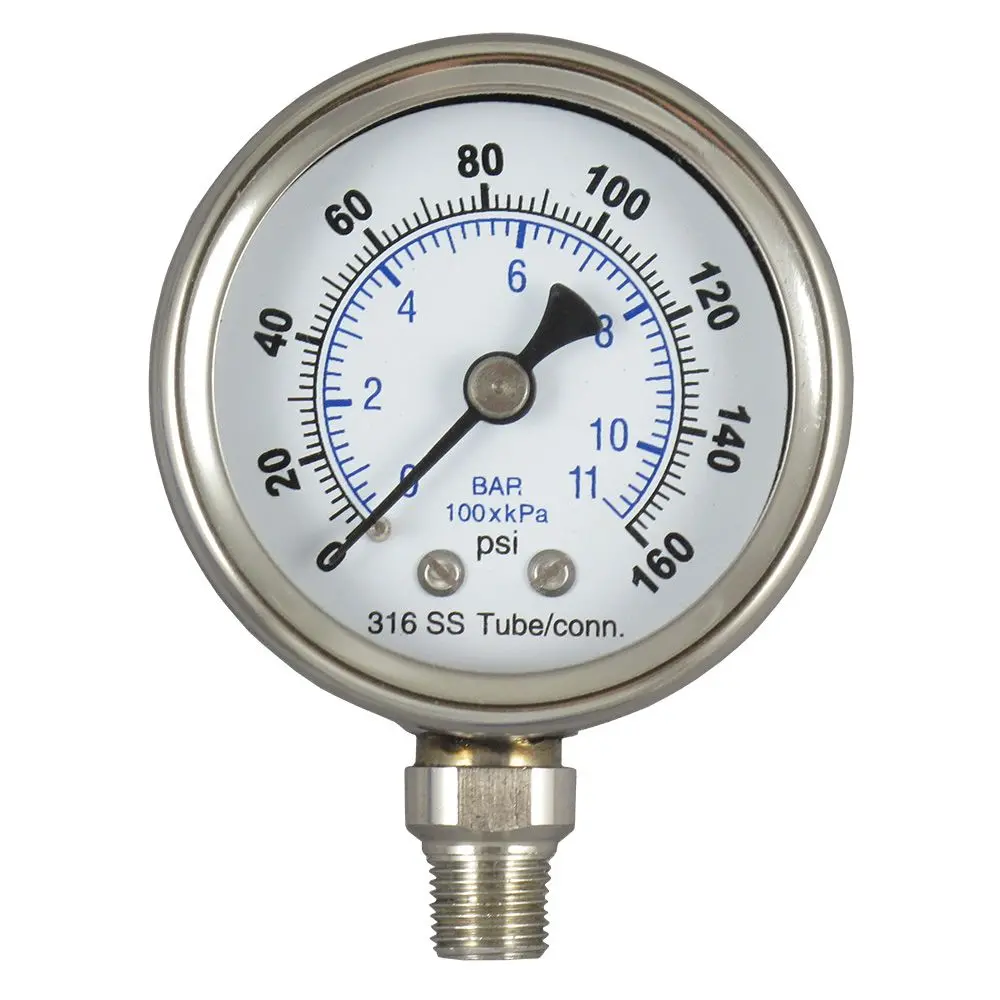 Water Pressure Gauge 160 Psi, 1/4" Mpt, 2.5" Glass Dial, Lower Mount, Ss Case 1