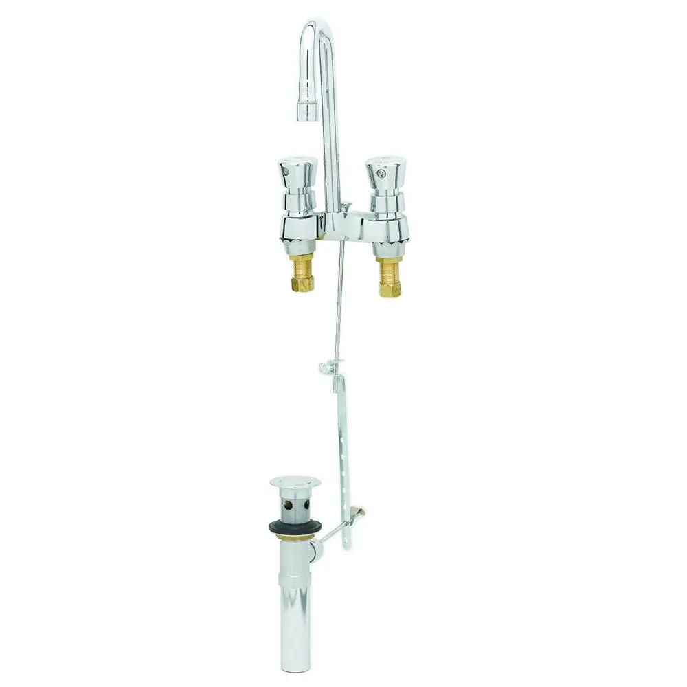 T&S Brass B-0833 Deck Mount Slow Self Closing Centerset Lavoratory Metering Faucet W/ Push Button Handles, Rigid Gooseneck, Pop Up Drain Assy 1
