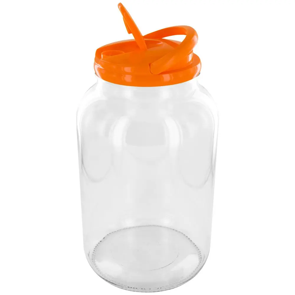 Glass Jar 1 Gal Wide Mouth Flint W/ Pour Lid And Handle - Orange Dome Lids 1