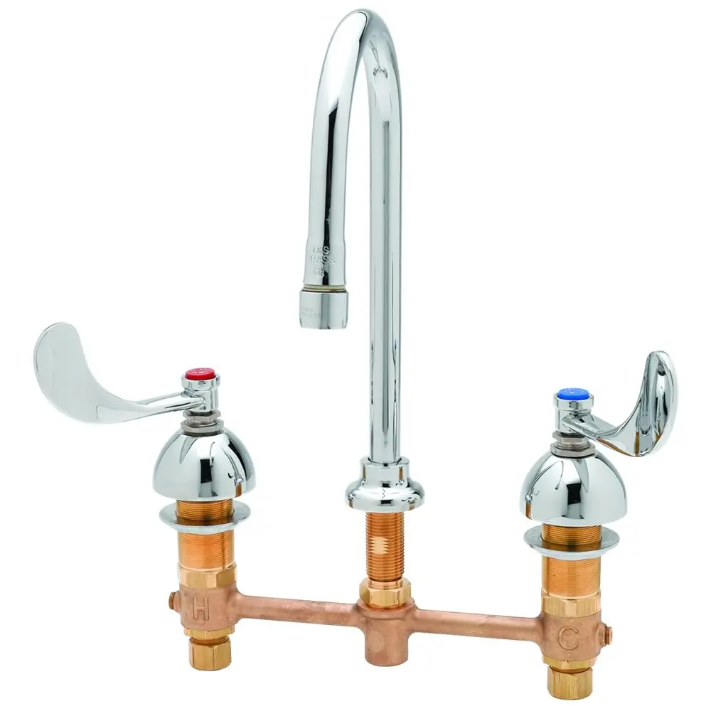 T&S Brass B-2867-04 Medical Lavatory Faucet,Medical Faucet, 8" Deck Mount, Concealed Body, Rigid Gooseneck, Wrist Action Handles 1
