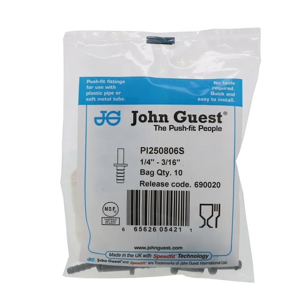 John Guest Stem Barb Connector - 1/4 Od Stem X 3/16 Id Barb 3