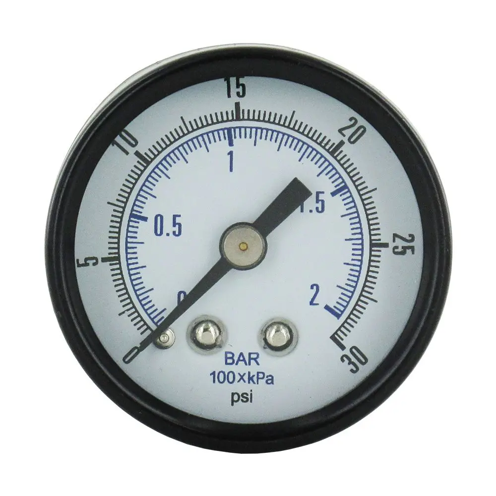 Water Pressure Gauge 30 Psi, 1/8" Mpt, 1.5" Glass Dial, Center Mount, Black Steel Case 1